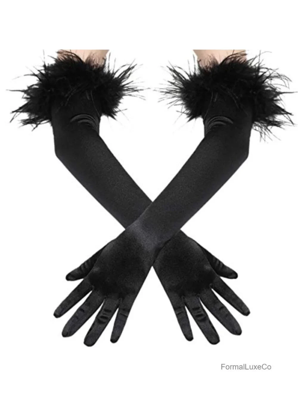 Long Satin Opera Gloves for Women with Ostrich Feather Trim Stretchy